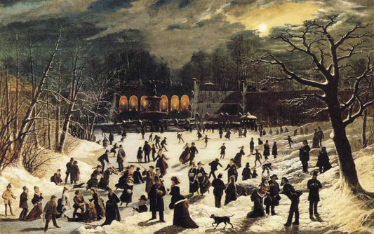 Moonlight Skating, Central Park, the Terrace and Lake, vintage artwork by John O'Brien Inman, 12x8" (A4) Poster