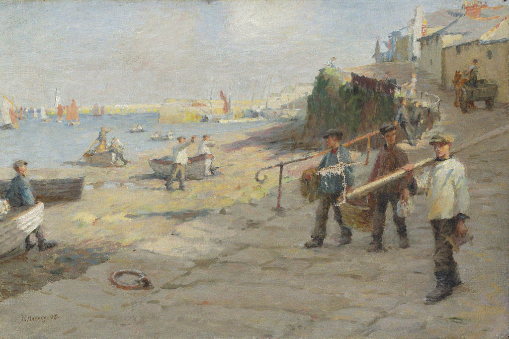The Old Slip, Newlyn, vintage artwork by Harold Charles Francis Harvey, 12x8" (A4) Poster
