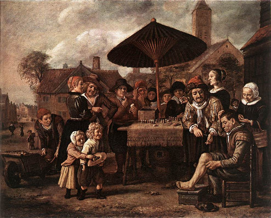 Market Scene with a Quack at his Stall, vintage artwork by Jan Victors, 12x8" (A4) Poster