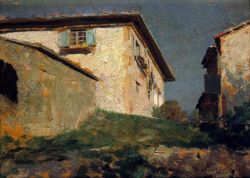 Village in Tuscany, vintage artwork by Giovanni Muzzioli, 12x8" (A4) Poster