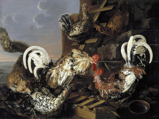 Fowl Attacked by  a Fox, vintage artwork by Carstian Luyckx, 12x8" (A4) Poster