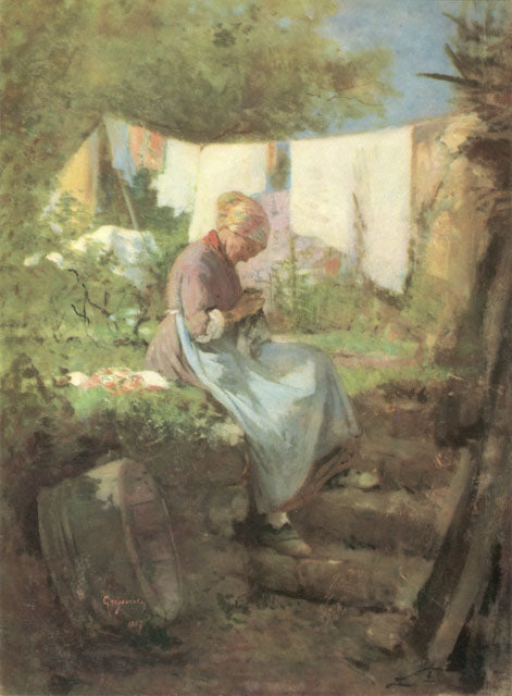 Old Woman Darning, vintage artwork by Nicolae Grigorescu, 12x8" (A4) Poster
