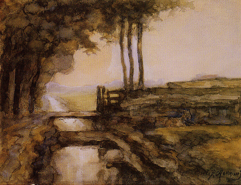 Irrigation Ditch, Bridge and Goat, vintage artwork by Piet Mondriaan, 12x8" (A4) Poster