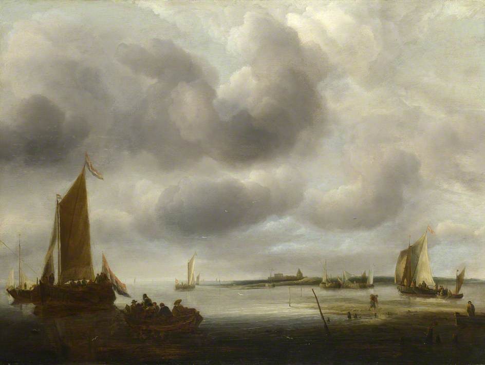 A Coast Scene with a Small Dutch Vessel Landing Passengers, vintage artwork by Jan van de Cappelle, 12x8" (A4) Poster