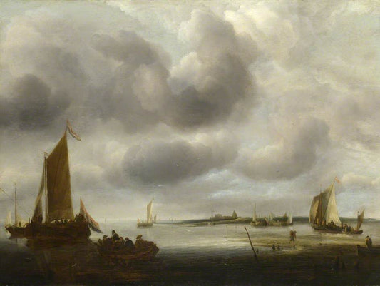 A Coast Scene with a Small Dutch Vessel Landing Passengers, vintage artwork by Jan van de Cappelle, 12x8" (A4) Poster