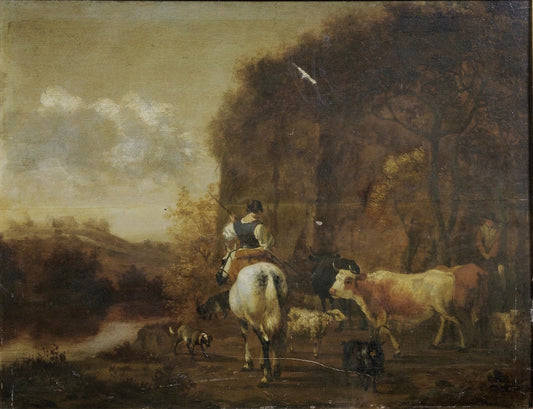 A Drover with Her Herd in a Landscape, vintage artwork by Hendrick ten Oever, 12x8" (A4) Poster