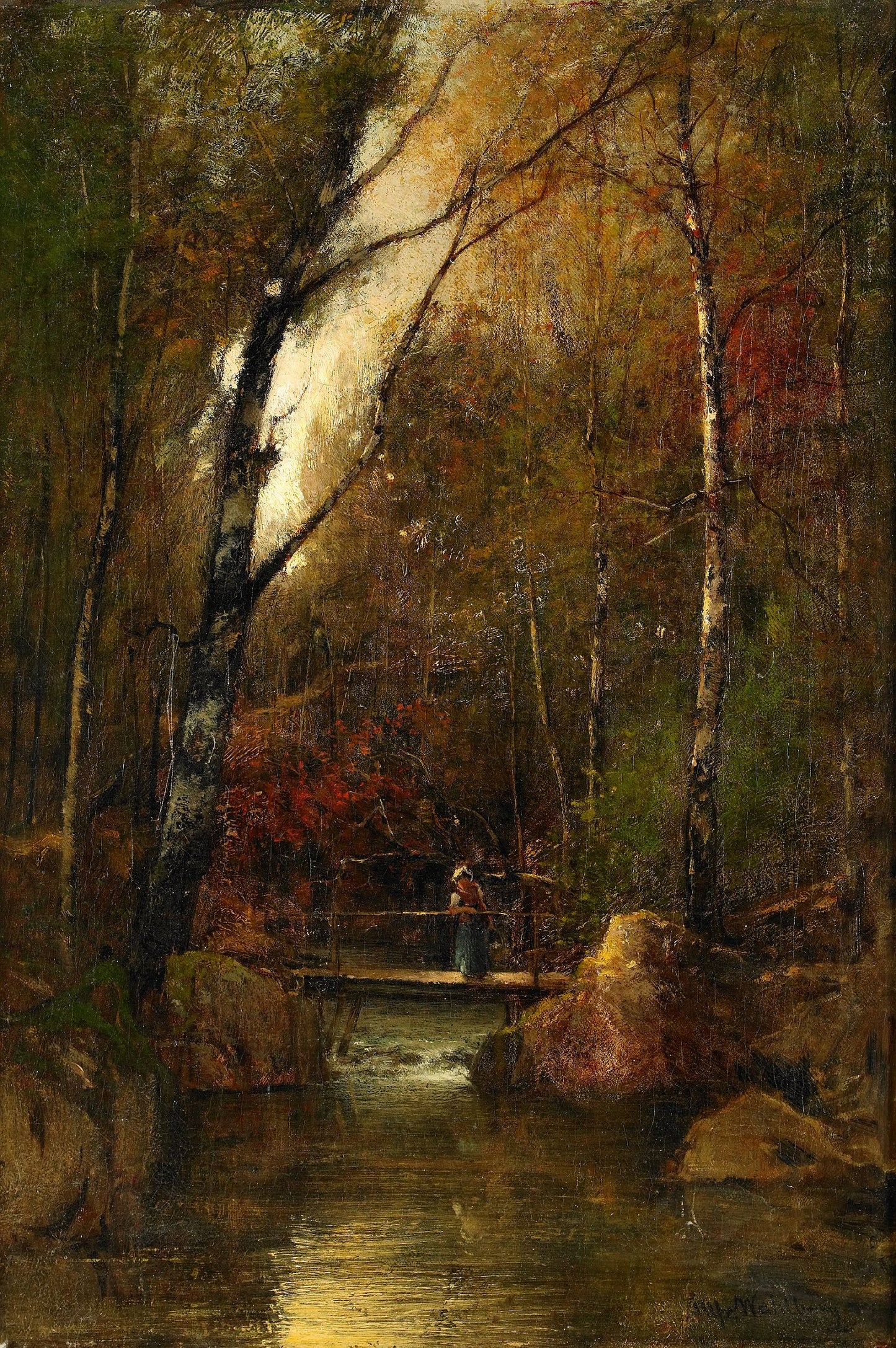 Forest Landscape with Girl on the Bridge, vintage artwork by Alfred Wahlberg, 12x8" (A4) Poster