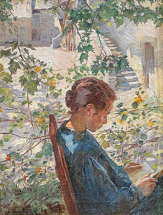 Young Woman reading in Garden, vintage artwork by Otto Vautier, 12x8" (A4) Poster