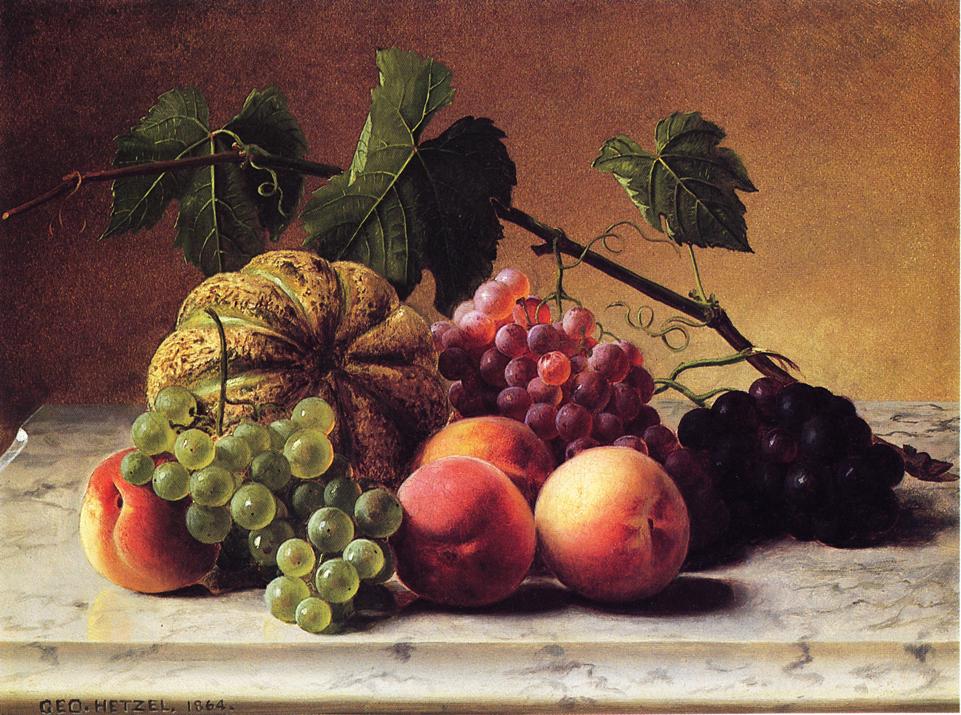 Still Life with Cantaloupe, Grapes and Peaches, vintage artwork by George Hetzel, 12x8" (A4) Poster