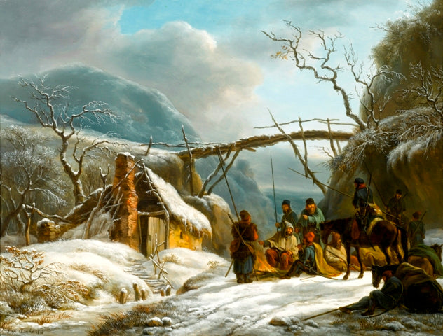 Winter Landscape with Resting Lancers by  a Bridge, vintage artwork by Henri van Assche, 12x8" (A4) Poster