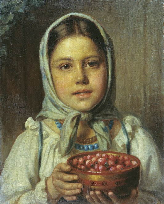 Girl with Berries, vintage artwork by Nikolai Rachkov, 12x8" (A4) Poster