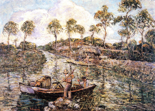 Florida River Scene with Seminoles, vintage artwork by Ernest Lawson, 12x8" (A4) Poster