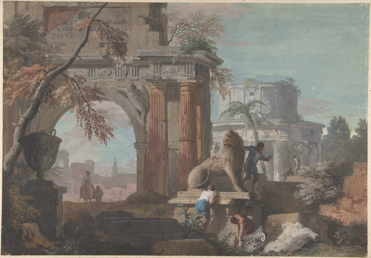 Capriccio with Roman Ruins, vintage artwork by Marco Ricci, 12x8" (A4) Poster