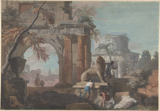 Capriccio with Roman Ruins, vintage artwork by Marco Ricci, 12x8" (A4) Poster