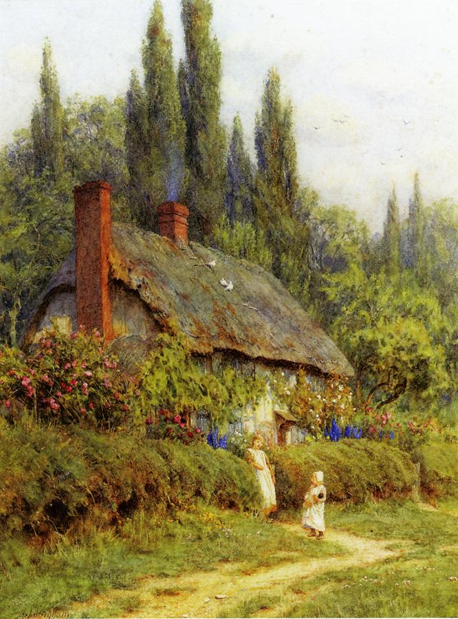 Children on a Path outside a Thatched Cotate, West Horsley, Surrey, vintage artwork by Helen Allingham, 12x8" (A4) Poster