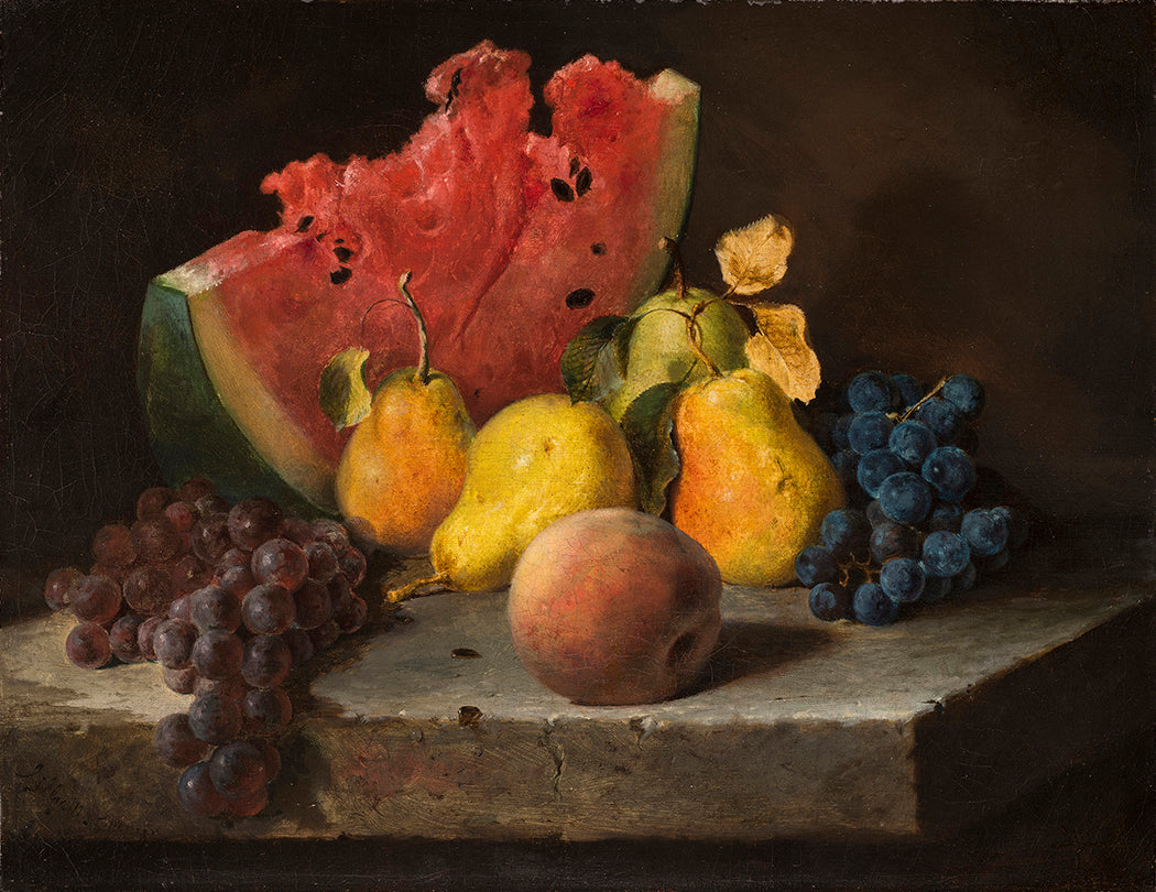 Still Life with Watermelon, Pears, and Grapes, vintage artwork by Lilly Martin Spencer, 12x8" (A4) Poster