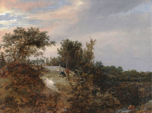 A landscape with two figures on a rise and a stream at right, vintage artwork by Jacob van Ruisdael, 12x8" (A4) Poster