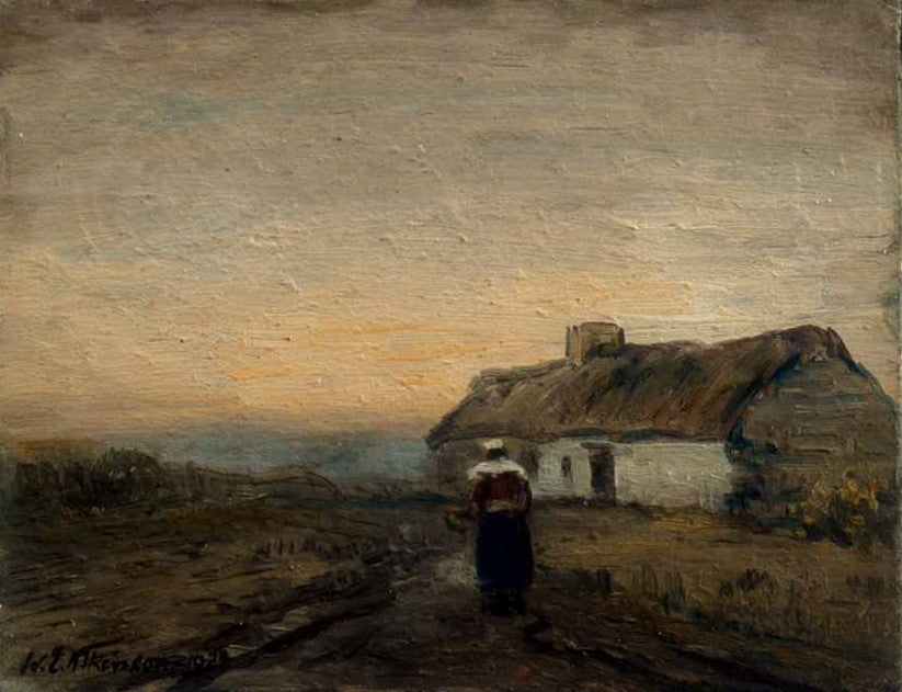 A Woman Walking toward a Hut, vintage artwork by William Edwin Atkinson, 12x8" (A4) Poster