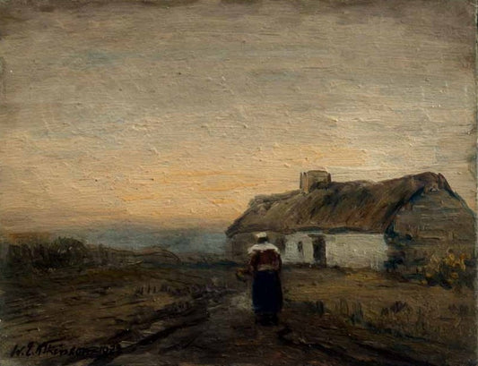 A Woman Walking toward a Hut, vintage artwork by William Edwin Atkinson, 12x8" (A4) Poster