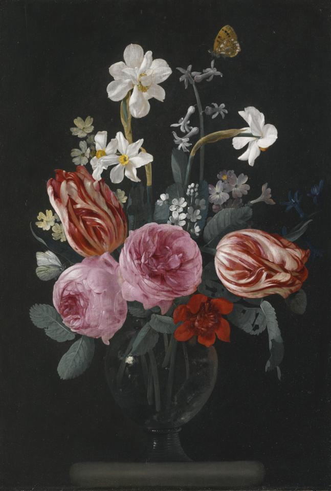 A still life of tulips, roses, daffodils and other flowers on a ston, vintage artwork by Carstian Luyckx, 12x8" (A4) Poster