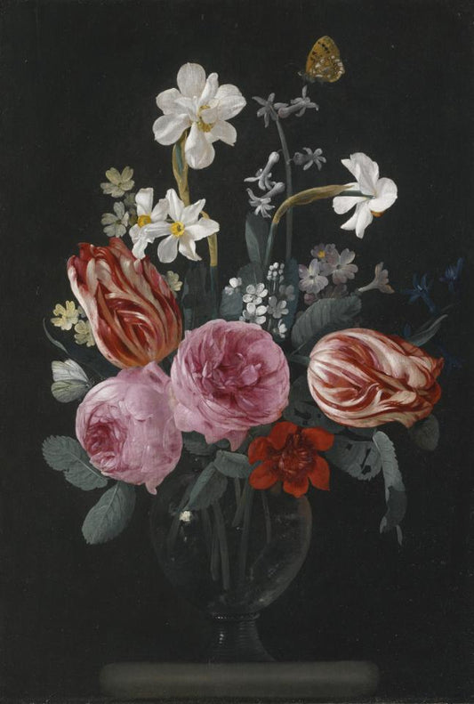 A still life of tulips, roses, daffodils and other flowers on a ston, vintage artwork by Carstian Luyckx, 12x8" (A4) Poster