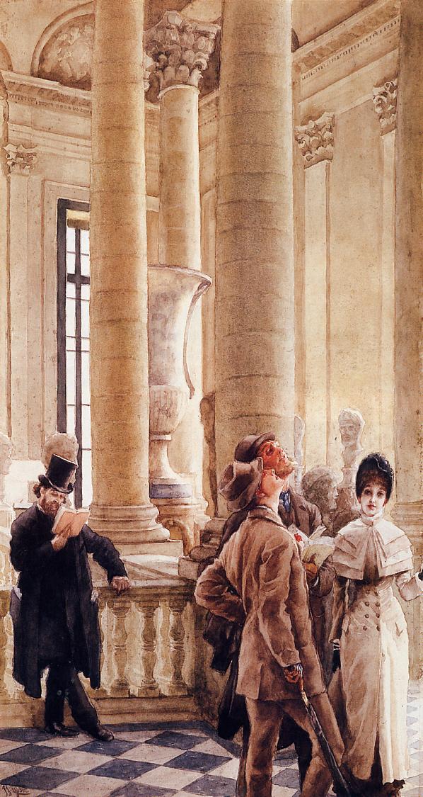 At the Louvre, vintage artwork by James Tissot, 12x8" (A4) Poster
