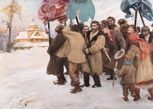 Winter in the Carpathians: Procession of Hutsuls, vintage artwork by Theodor Axentowicz, 12x8" (A4) Poster