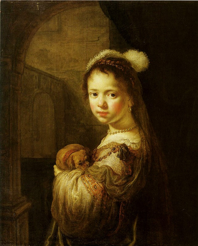 Girl in a Fantasy Costume with a Dog, vintage artwork by Govaert Flinck, 12x8" (A4) Poster