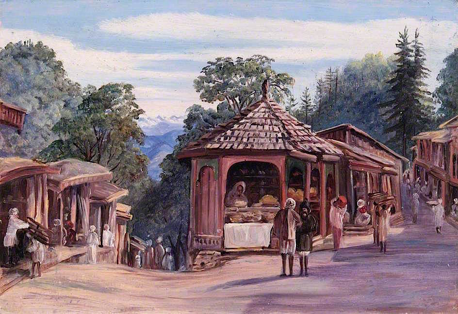 The Bazaars, Simla, India, vintage artwork by Marianne North, 12x8" (A4) Poster