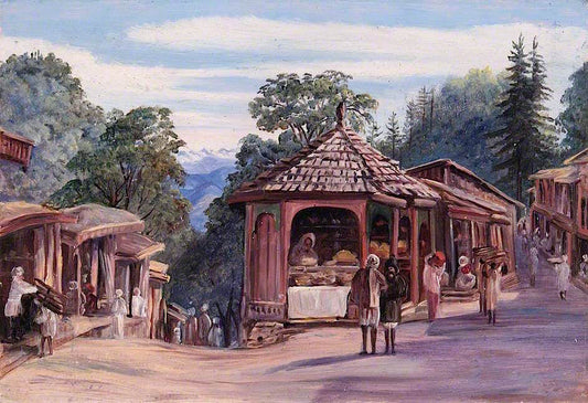 The Bazaars, Simla, India, vintage artwork by Marianne North, 12x8" (A4) Poster