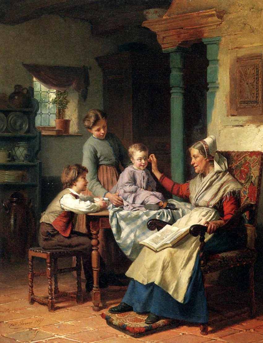 Trying On Grandmother’s Spectacles, vintage artwork by Theodore Gerard, 12x8" (A4) Poster