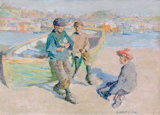 Children in Newlyn Harbour by Harold Charles Francis Harvey,16x12(A3) Poster