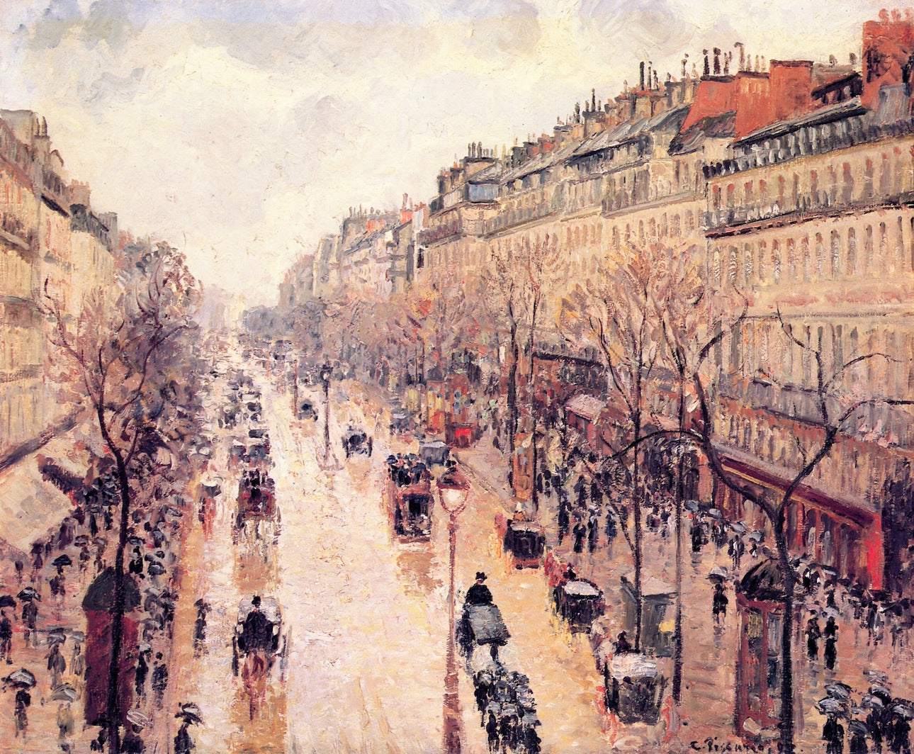 Boulevard Montmartre: Afternoon, in the Rain, vintage artwork by Camille Pissarro, 12x8" (A4) Poster