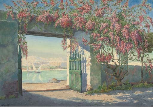 A Garden on the Banks of the River Jordan, Amman, vintage artwork by Hermann Baumeister, 12x8" (A4) Poster
