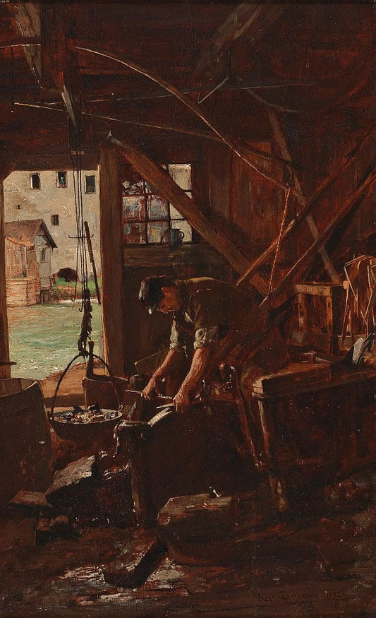 A Blacksmith in his Workshop, vintage artwork by Hugo Charlemont, 12x8" (A4) Poster