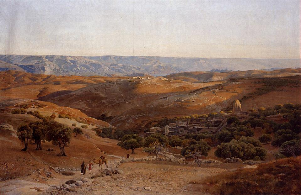 Mountains of Moab Seen from Bethany, vintage artwork by Gustav Bauernfeind, 12x8" (A4) Poster