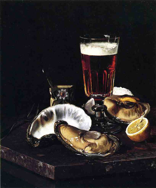 Still Life with Beer and Oysters, vintage artwork by Andrew J. H. Way, 12x8" (A4) Poster