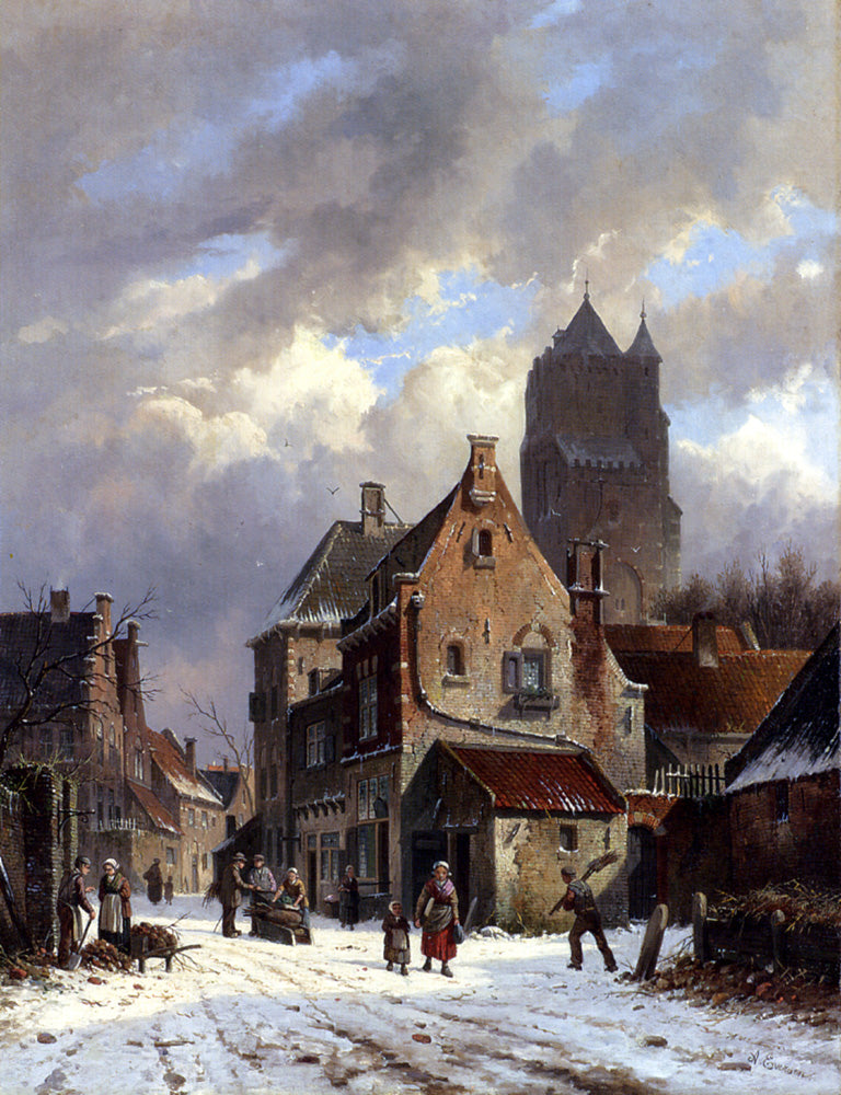 Figures In A Snowy Village Street, vintage artwork by Adrianus Eversen, A3 (16x12") Poster Print
