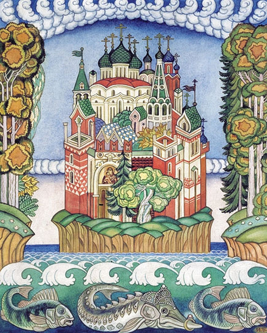 The Town of Kitezh, vintage artwork by Ivan Yakovlevich Bilibin, 12x8" (A4) Poster