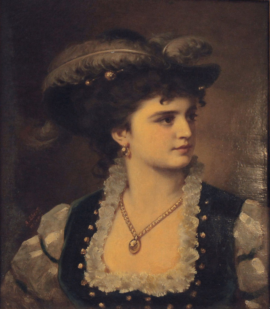 Portrait of a Lady with Feathered Hat, vintage artwork by Anton Ebert, 12x8" (A4) Poster