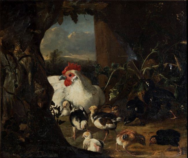 Hen with her chicks, vintage artwork by Adriaen Coorte, 12x8" (A4) Poster