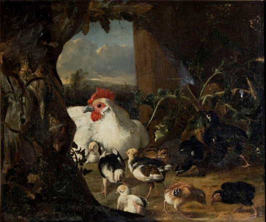 Hen with her chicks, vintage artwork by Adriaen Coorte, 12x8" (A4) Poster