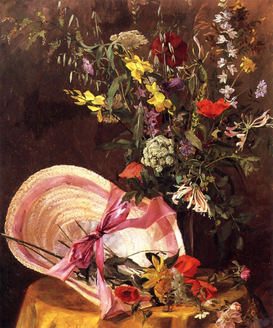 Still Life with Straw Hat, vintage artwork by George Cochran Lambdin, 12x8" (A4) Poster