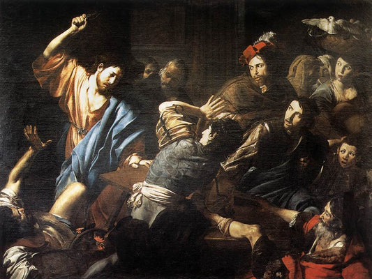 Christ Driving the Money Changers out of the Temple, vintage artwork by Valentin de Boulogne, 12x8" (A4) Poster