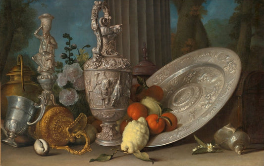 Still Life with Candlestick, Silver Gilt Ewer, Lemons and Oranges, Nautilus Shell, and Other Objects, vintage artwork by Meiffren Conte, 12x8" (A4) Poster