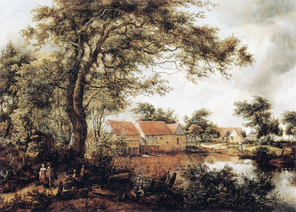 Wooded Landscape with Water Mill, vintage artwork by Meindert Hobbema, 12x8" (A4) Poster