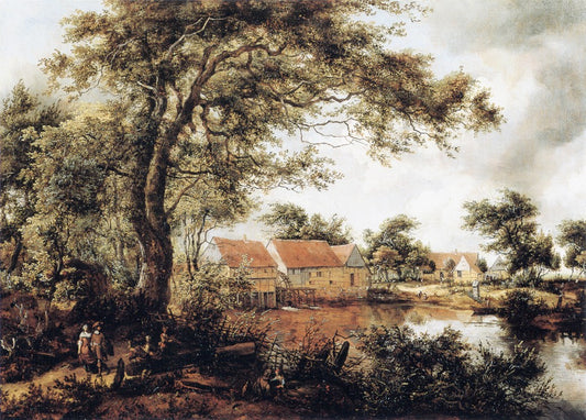 Wooded Landscape with Water Mill, vintage artwork by Meindert Hobbema, 12x8" (A4) Poster