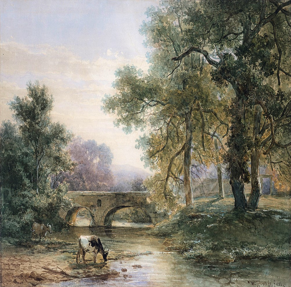 Wooded Landscape with Stone Bridge over a River, vintage artwork by Willem Roelofs, 12x8" (A4) Poster