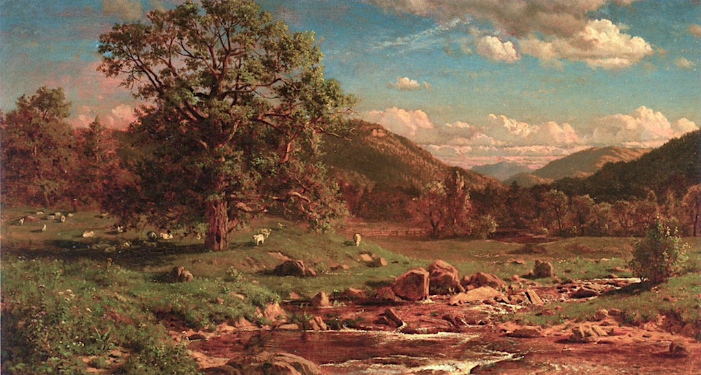 Grazing Sheep at Headwaters of a Stream, vintage artwork by John Jameson, 12x8" (A4) Poster