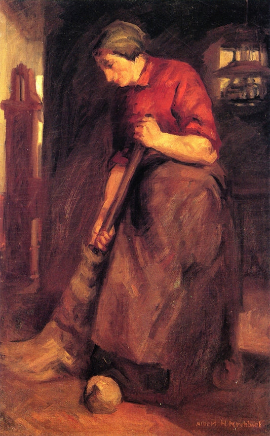 Woman Sweeping, vintage artwork by Albert Henry Krehbiel, 12x8" (A4) Poster